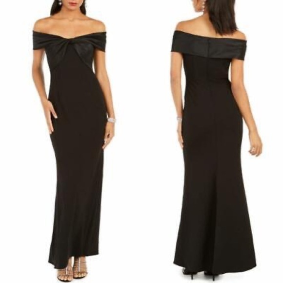 Eliza J. Black off shoulder gown twist bow detail at bust size 2